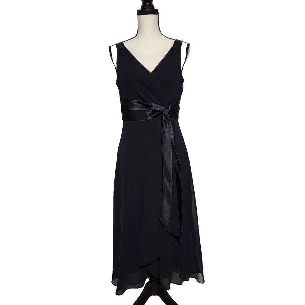 Black Chiffon Satin Ribbon V Neck Midi Dress Evan Picone Size 10 Romantic Goth